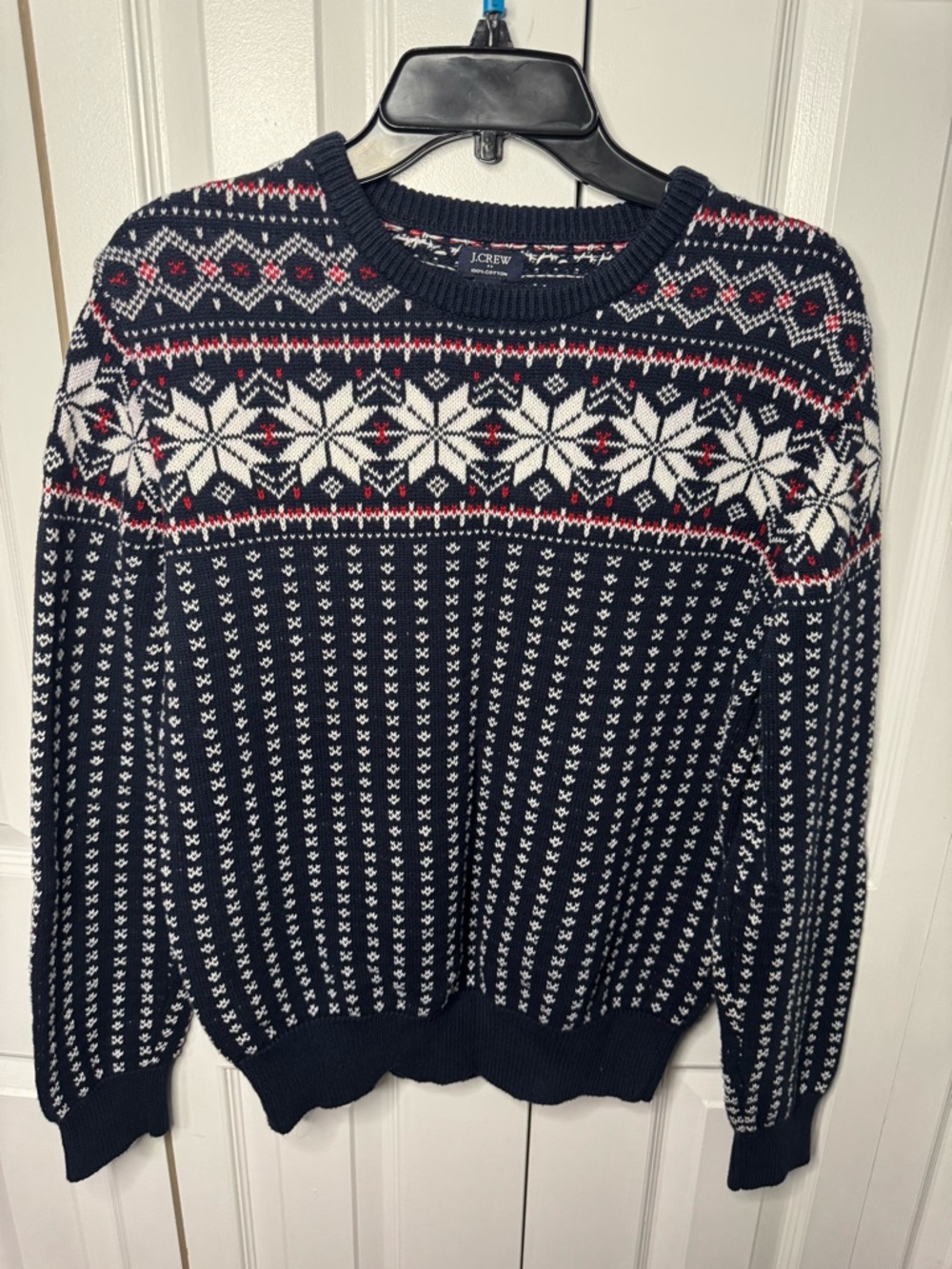 J. Crew Navy, White & Red Fair Isle Crewneck Sweater size Medium